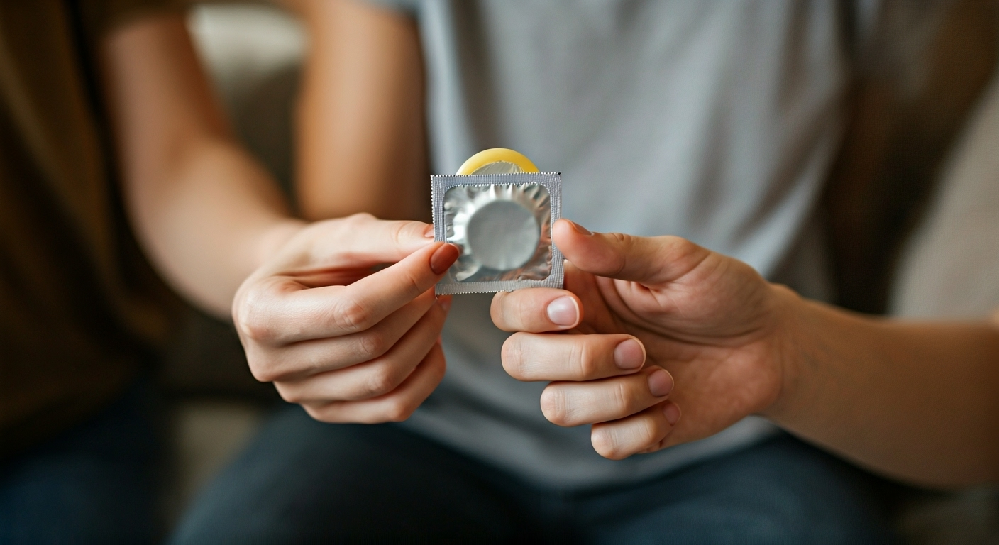 Hands holding a condom pack