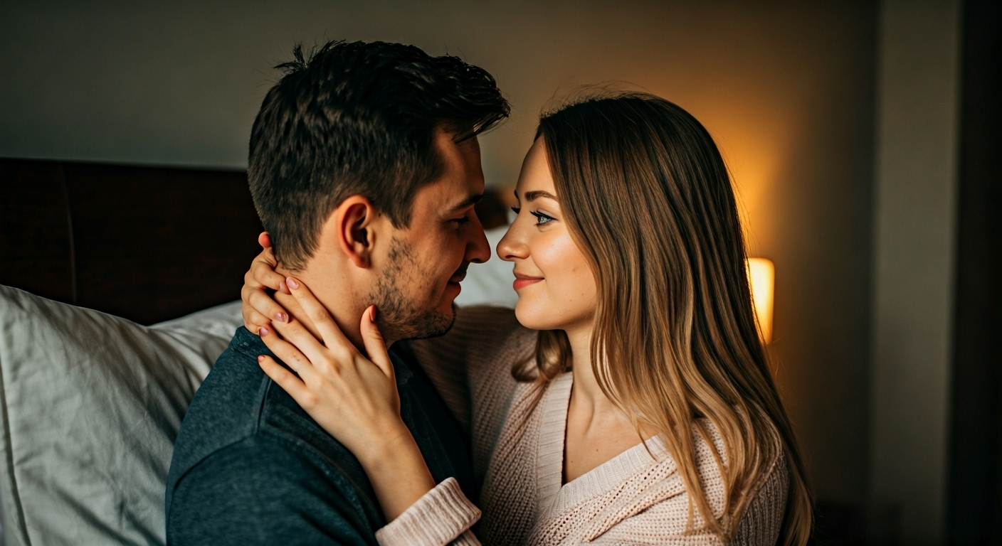 Romantic couple in warm bedroom