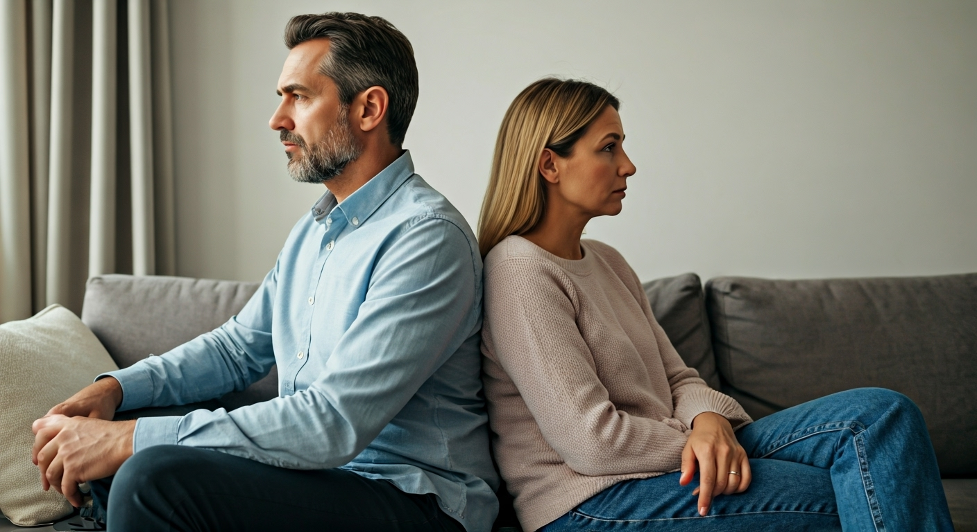 Couple pensive on sofa