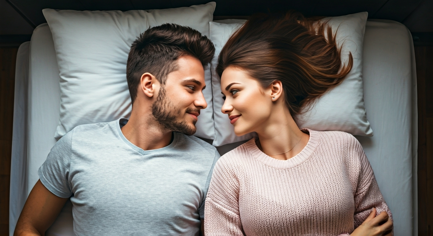 Couple smiling on bed