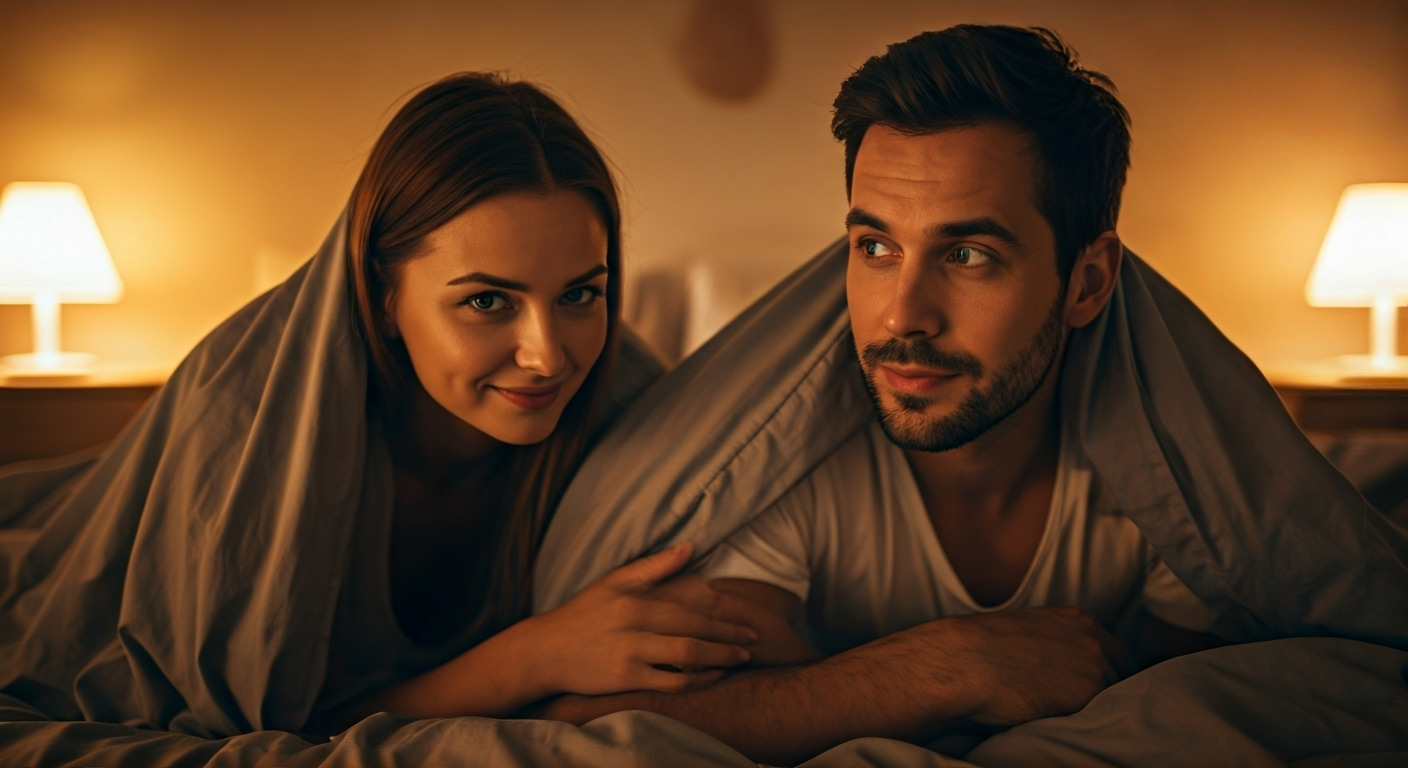 Couple smiling under soft sheets