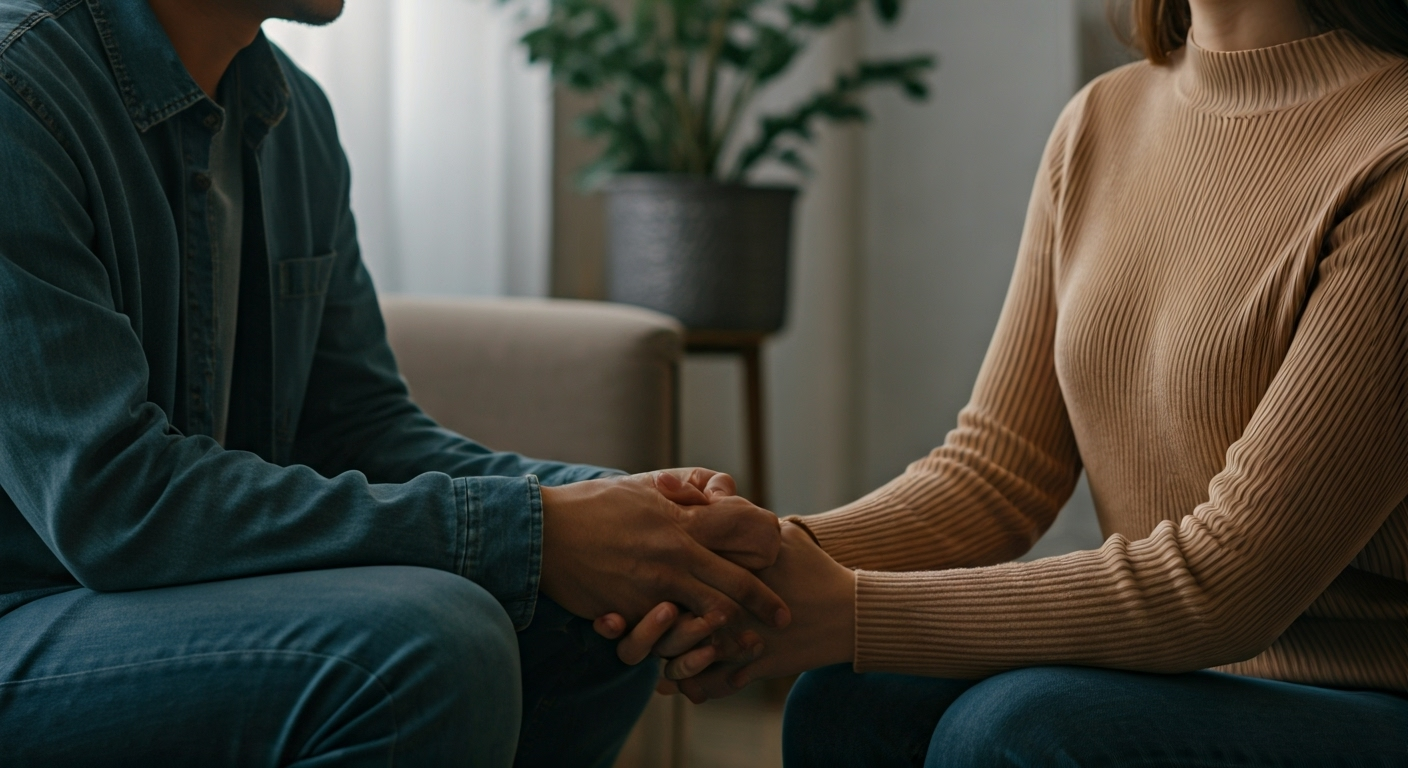 Couple holding hands talking