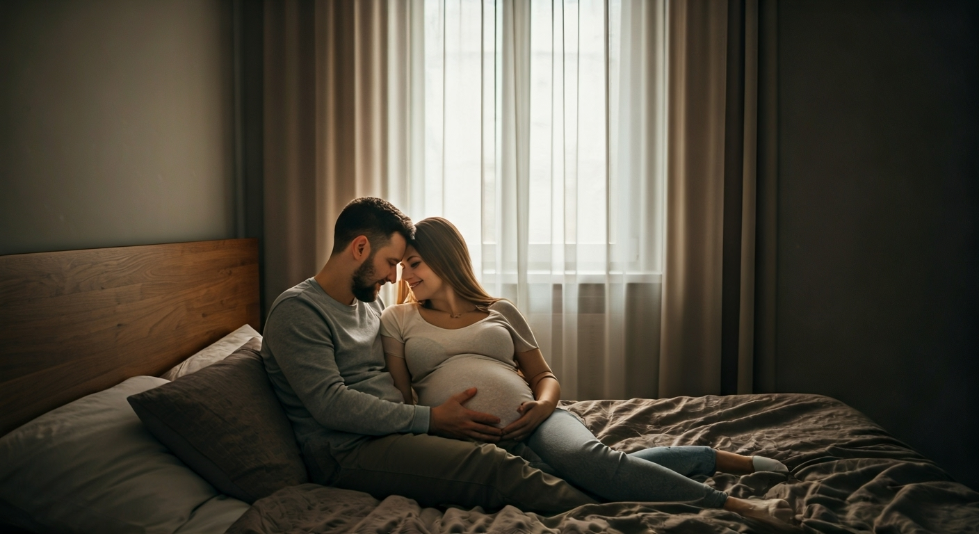 pregnant couple embracing gently