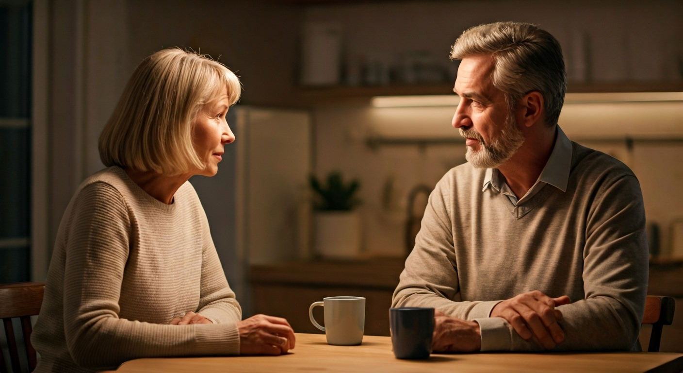 Couple talking at table