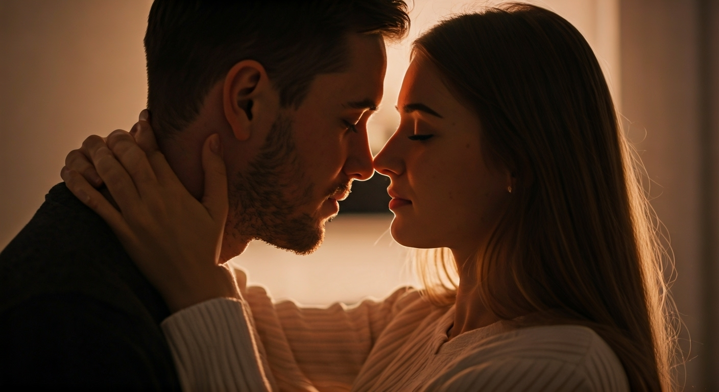 Couple embracing in bedroom
