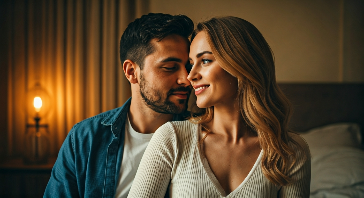 romantic couple in bedroom