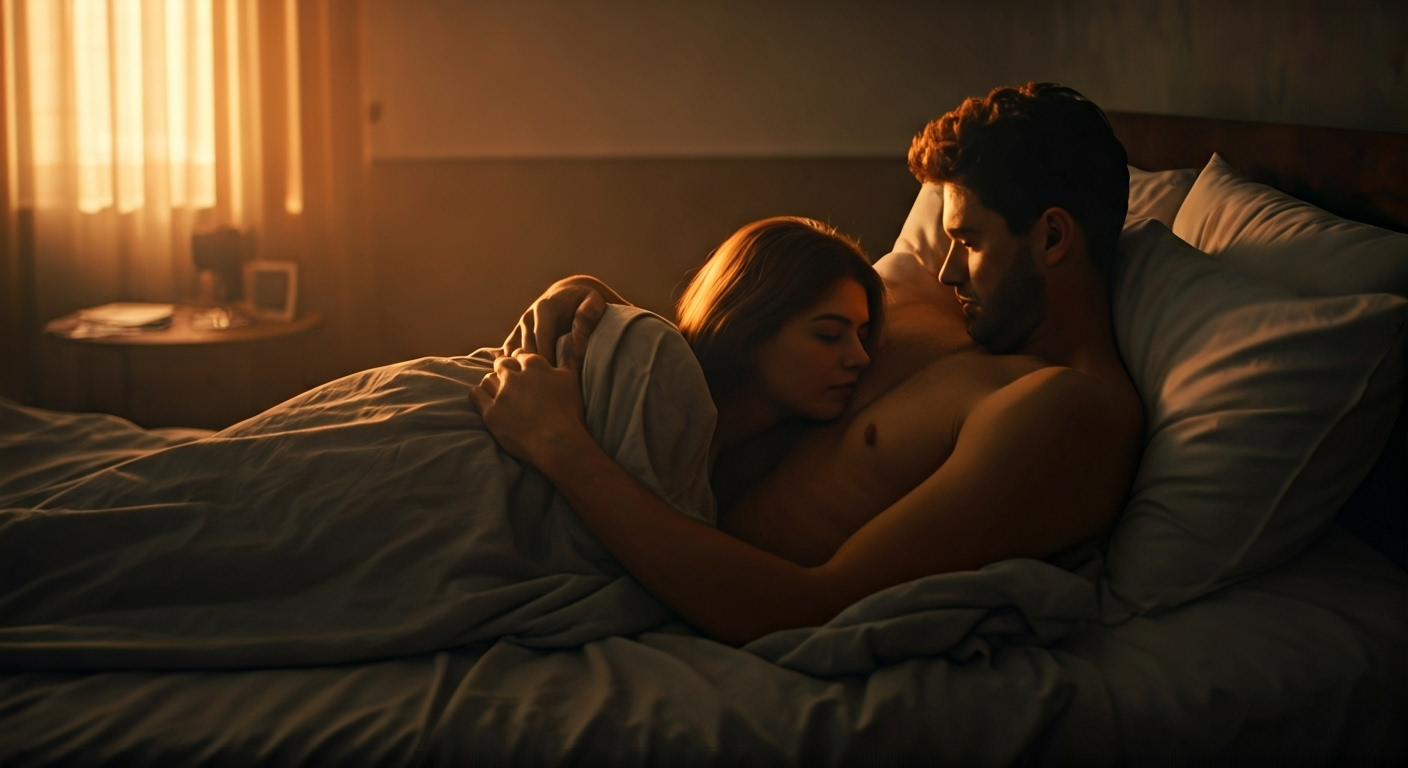 Couple embracing in bed