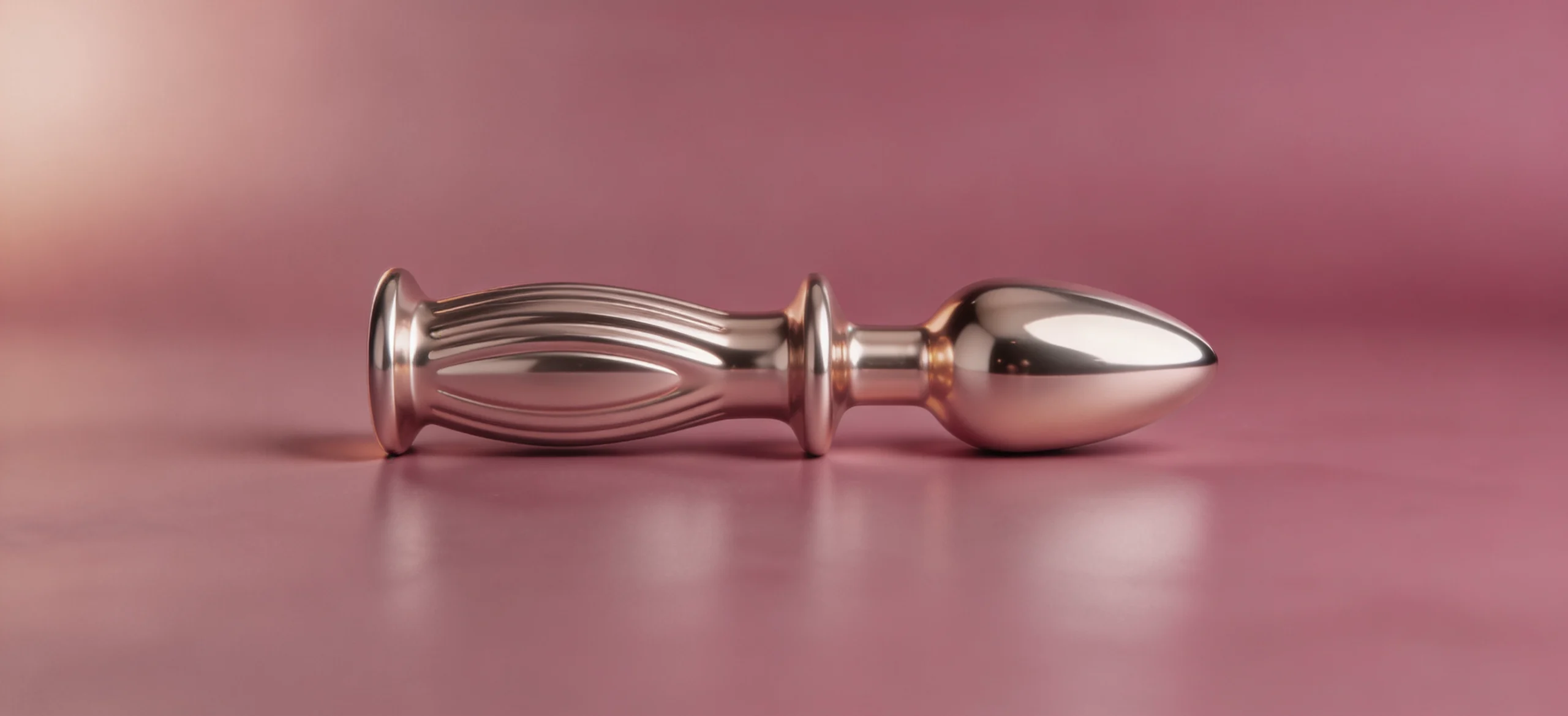 Polished silver sex toy with ribbed shaft and rounded bulb tip resting on a pink surface.
