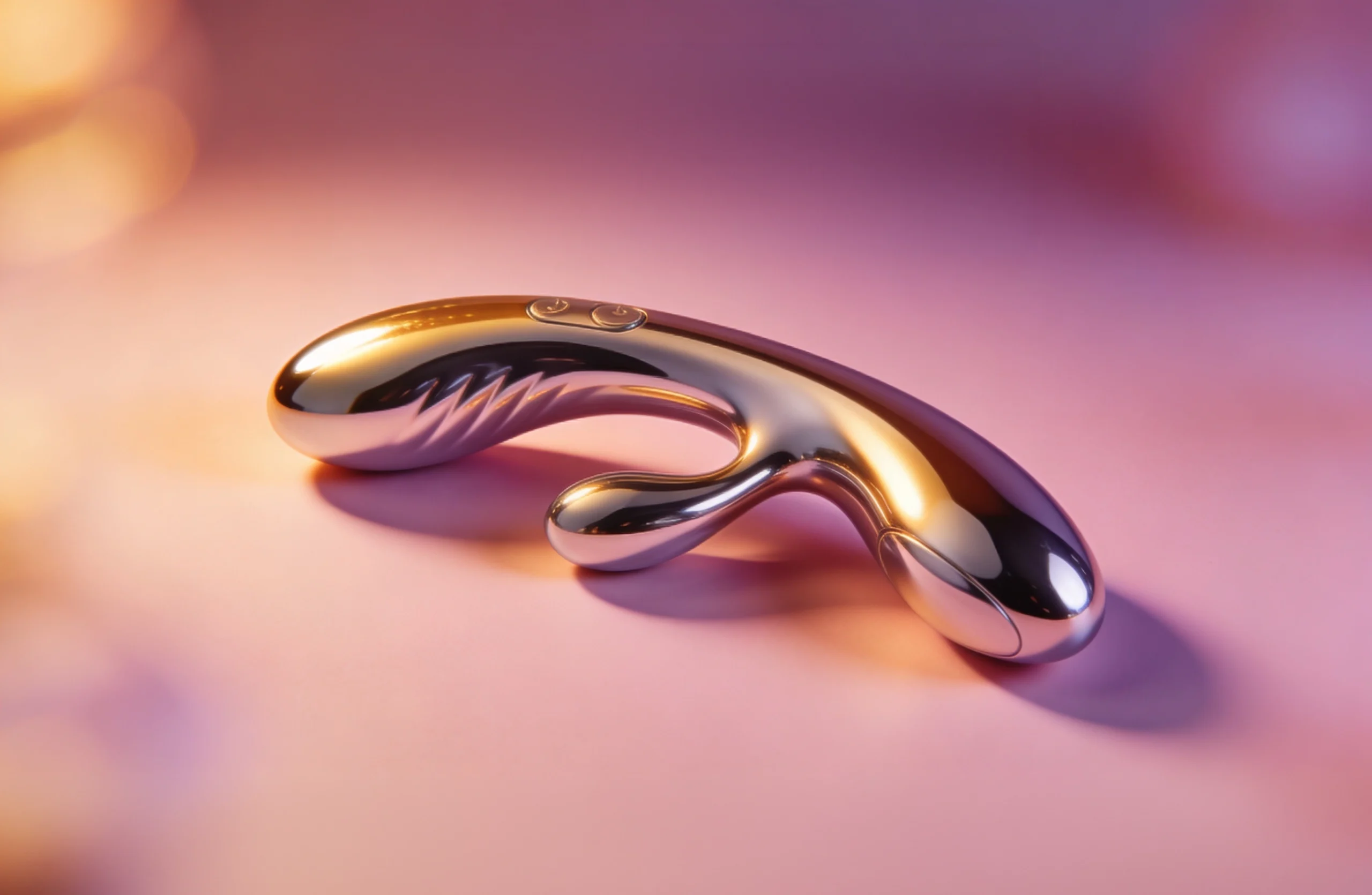 Glossy, abstract chrome sculpture with curved shapes on a warm pink-purple background, softly lit.