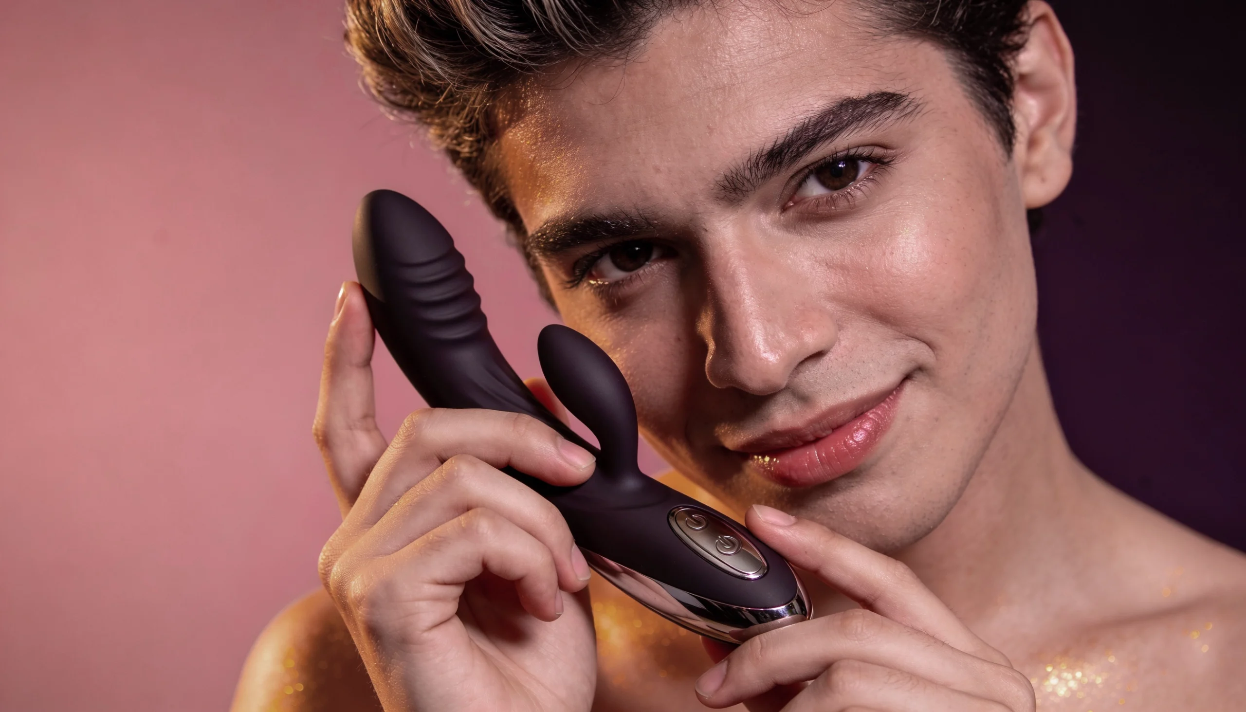 Close-up of a smiling man holding a black silicone vibrator against his cheek, pink background, gold glitter on skin.