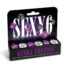 Kinky Edition adult dice game packaging with bold 'SEX6' lettering, purple dice, and a dark purple–black design for fetish play.