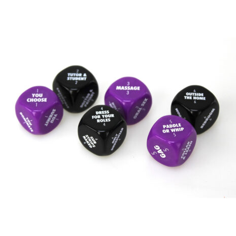 002169x2jpg Set of six purple and black dice with prompts like 'You Choose' and 'Dress for Your Roles' used for a discussion game on a white background.