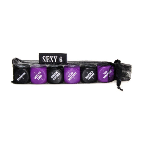 002169x4jpg Six purple and black dice labeled with adult-instruction phrases, packed in a sheer black pouch marked 'SEXY 6' (sex toy game for couples).