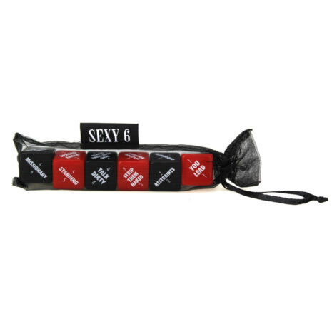 002176x3jpg Black sheer pouch containing a set of red and black sex dice labeled with phrases, top tag reads 'SEXY 6'
