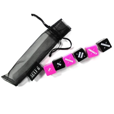 002183x2jpg Set of pink and black adult-themed dice with a black drawstring bag beside them.