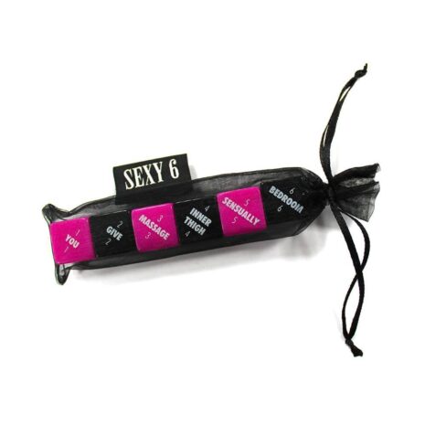 002183x3jpg Black sheer drawstring pouch labeled 'Sexy 6' containing six pink and black cubes with playful phrases.