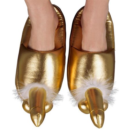 Gold metallic slippers with white fur trim and unicorn horn toe caps