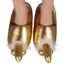 Gold metallic slippers with white fur trim and unicorn horn toe caps