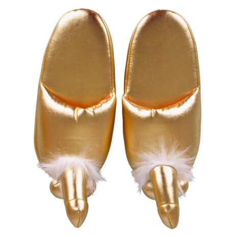 0773905x2jpg Pair of metallic gold elf slippers with white faux-fur trim, viewed from above.