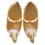 Pair of metallic gold elf slippers with white faux-fur trim, viewed from above.