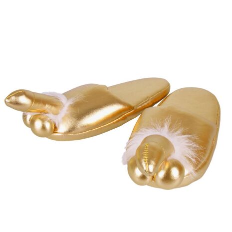 0773905x3jpg Gold-colored baby slippers with white fluffy trim.