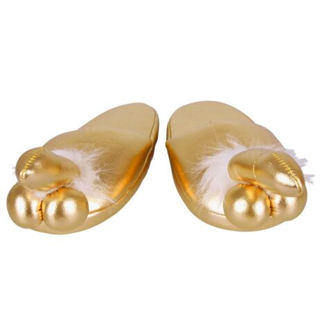 0773905x4jpg Gold satin slide slippers with white fluffy feather detail at the toe, pair viewed from front.