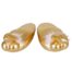 Gold satin slide slippers with white fluffy feather detail at the toe, pair viewed from front.