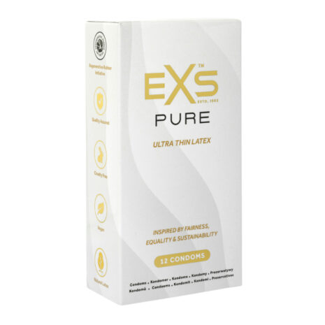 1008406x1jpg White EXS Pure Ultra Thin Latex condom box, 12 condoms, with gold EXS logo and 'Ultra Thin Latex' text on the front.
