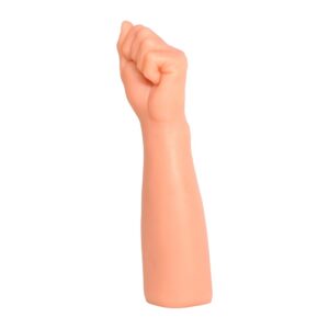 Orange mannequin arm with a clenched fist raised, isolated on white background.