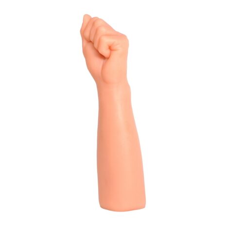 Orange mannequin arm with a clenched fist raised, isolated on white background.