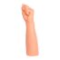 Orange mannequin arm with a clenched fist raised, isolated on white background.