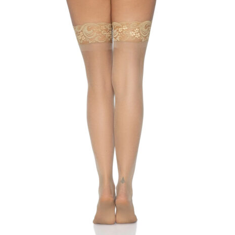 Rear view of a person’s legs wearing sheer nude thigh-high stockings with beige lace bands at the top; a small ankle tattoo is visible on one leg.