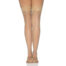 Rear view of a person’s legs wearing sheer nude thigh-high stockings with beige lace bands at the top; a small ankle tattoo is visible on one leg.