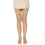 Back view of a person wearing beige lace thigh-high stockings and a short beige skirt.
