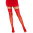 Woman wearing red thigh-high stockings with lace tops and a red dress, standing with legs crossed.