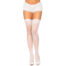 Woman wearing white lace lingerie shorts and thigh-high stockings, standing in white heels against a white background.