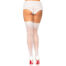 Back view of a model wearing white lace thigh-high stockings and lace shorts, standing in white high heels with red soles.