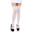 Person's legs in white lace thigh-high stockings, white skirt, and black high heels.