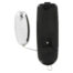 Black handheld lighter with a chrome, oval detachable flint case attached by a small cord.