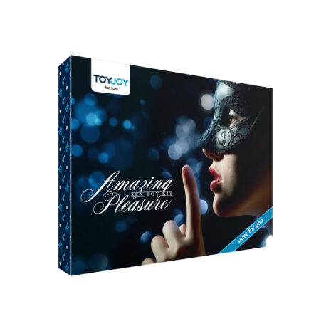 10432x4jpg Product box for ToyJoy 'Amazing Pleasure' sex toy kit, featuring a woman in a lace mask and a blue 'Just for you' ribbon against a bokeh background