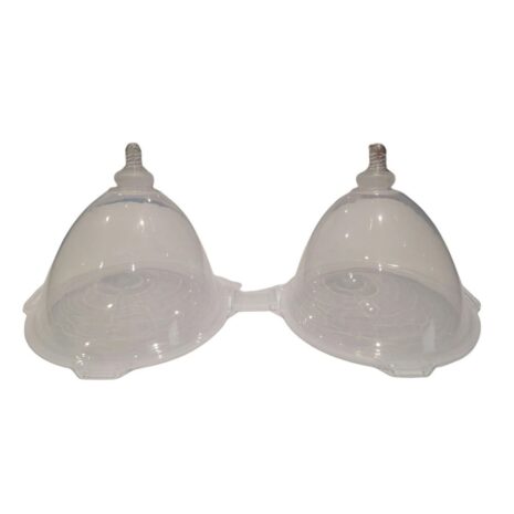 1200557x2jpg Pair of clear silicone breast prostheses connected by a central bridge, used in mastectomy bras