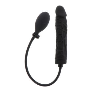 Black silicone vibrating dildo with a wireless remote on a curved cord.