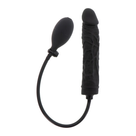 Black silicone vibrating dildo with a wireless remote on a curved cord.