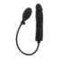 Black silicone vibrating dildo with a wireless remote on a curved cord.