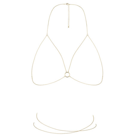 2011765x1jpg Gold body chain with a central ring linking two V-shaped chains and an adjustable neck clasp, plus two curved necklace strands beneath (jewelry set).