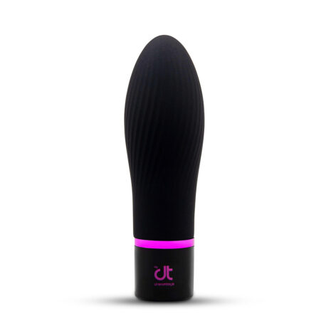 22127x2jpg Black silicone vibrator with a ridged, tapered shaft and a pink accent band at the base, standing upright with a soft shadow below.