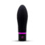 Black silicone vibrator with a ridged, tapered shaft and a pink accent band at the base, standing upright with a soft shadow below.
