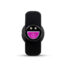 Close-up of a black electronic device with a circular pink illuminated power button in the center, on/off switch prominent.