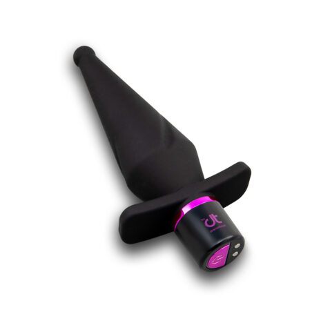 22128x3jpg Black and magenta ergonomic vibrating wand sex toy with control dial on a white background