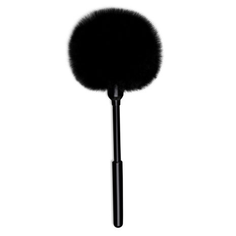 22128x4jpg Black powder makeup brush with a fluffy round head on a black handle against a white background.